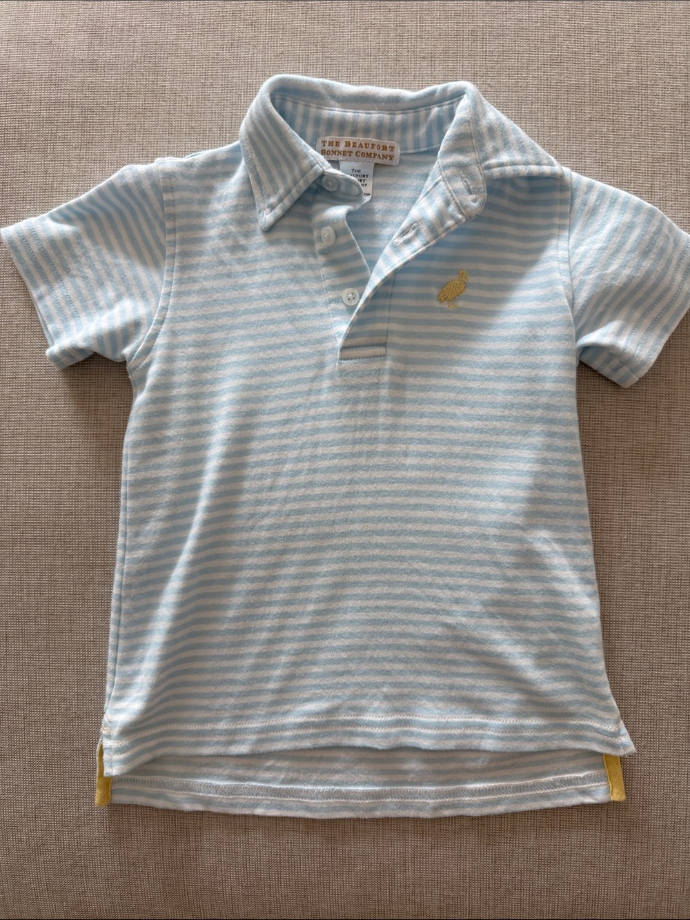 The Beaufort Bonnet Company Light Blue & White Striped Polo with Yellow Emblem